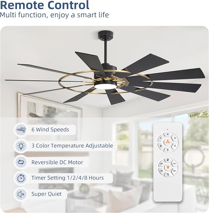 WINGBO 72" Windmill Ceiling Fan with Lights, 3 Downrod, 6-Speed Reversible DC Motor, 3CCT, 10 Blade Indoor Farmhouse DC Ceiling Fans for Kitchen Bedroom Living Room Patio, Aged Brass and Black