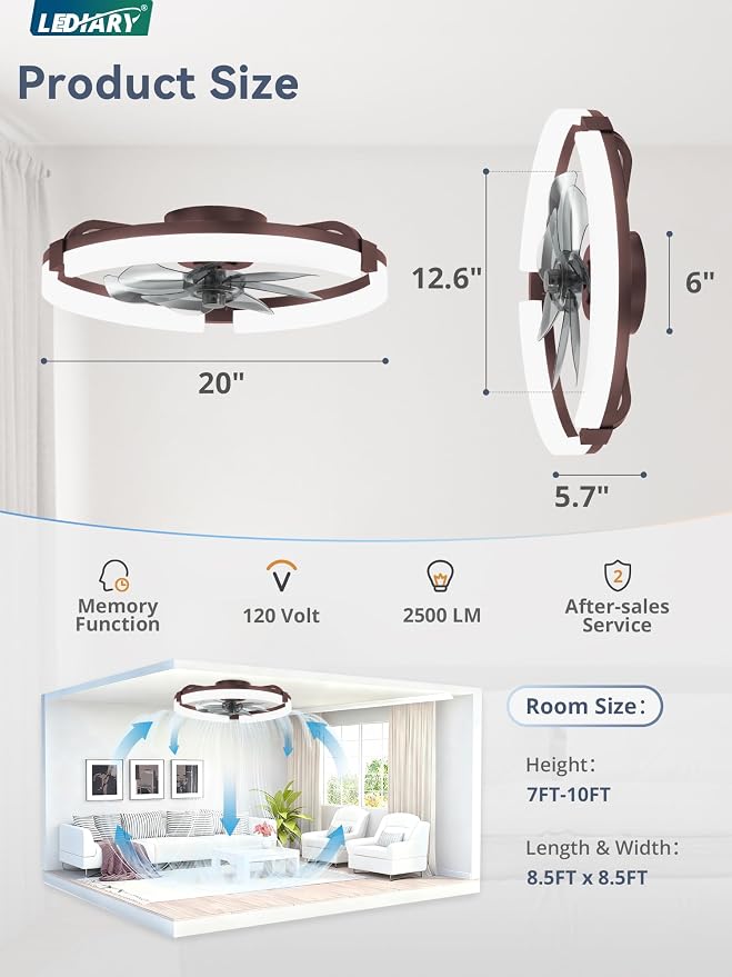 LEDIARY 20" Ceiling Fans with Lights and Remote, Modern Low Profile Ceiling Fan, 3 CCT, Stepless Dimmable, Fandelier Flush Mount Fan Light, 6 Speeds, DC Motor, App & Remote Control for Bedroom(Brown)
