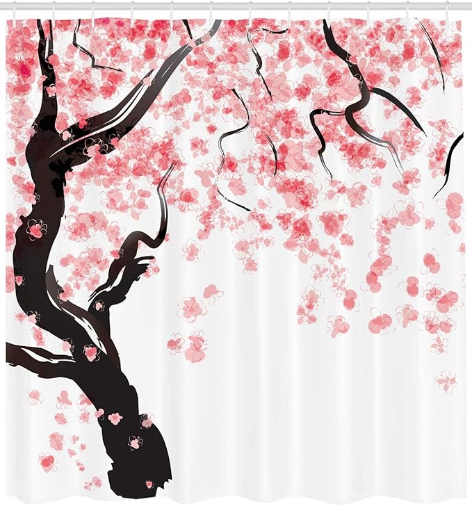 Ambesonne Floral Shower Curtain, Dogwood Tree Blossom in Watercolor Painting Effect Spring Season Theme Pinkish Tones, Cloth Fabric Bathroom Decor Set with Hooks, 69" W x 70" L, Black Pink