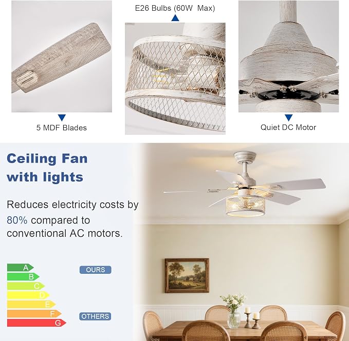 Depuley 42-Inch Ceiling Fans with Lights: Caged Ceiling Fans Dual Finish 5 Blades - Rustic Ceiling Fan with Remote Control for Farmhouse Living Room Outdoor Porch Noiseless (White Grey)