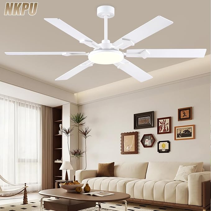 NKPU 66 Inch White Ceiling Fans with Lights, Modern Large Ceiling Fan with Remote & APP Control, Reversible DC Motor, 6 Double-Sided Blades, 6 Speeds, Silent, Timer, for Living Room Indoor Outdoor