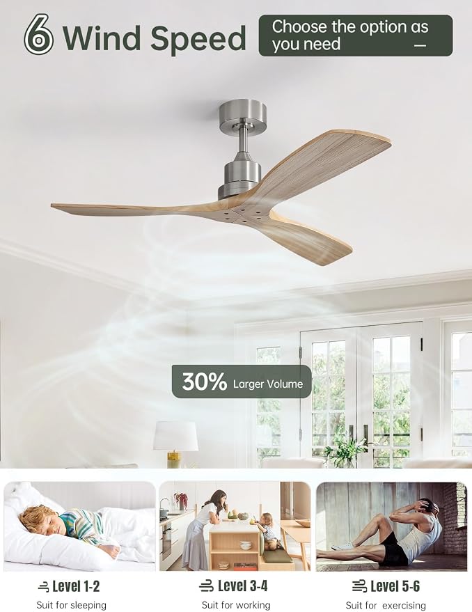 Sofucor 52 Inch Smart Ceiling Fans without Light-Modern Solid Wood Outdoor Ceiling Fan No Light APP Remotel Control for Bedroom Living Room Indoor Farmhouse Patio,DC Motor,Brushed Nickel&Natural Wood
