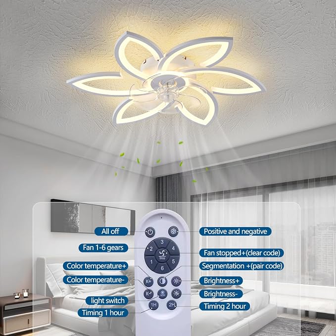 Modern 30" Ceiling Fan with Light, Low Profile Flush Mount Fandelier, Dimmable LED Ceiling Fan with Remote, 6-Speed Quiet Motor, Flower Design for Bedroom Living Room Kitchen (White)