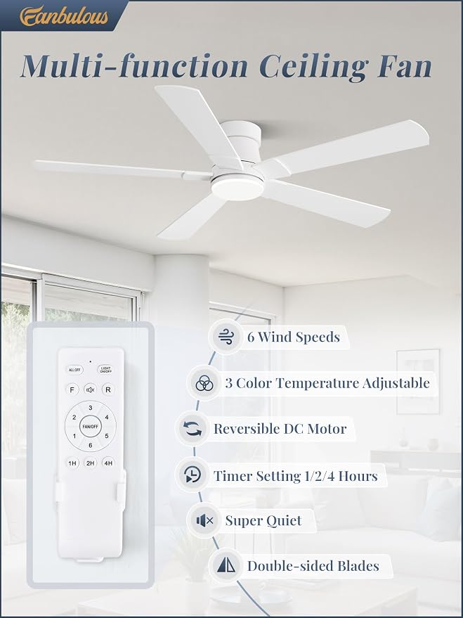 Fanbulous 52” Ceiling Fans with Lights and Remote, Flush Mount Ceiling Fan | Low Profile,Modern Ceiling Fan with LED Light, 5 Blades, 3CCT, 6 Speeds,Timer,Bedroom, Indoor, Outdoor,Living room,White