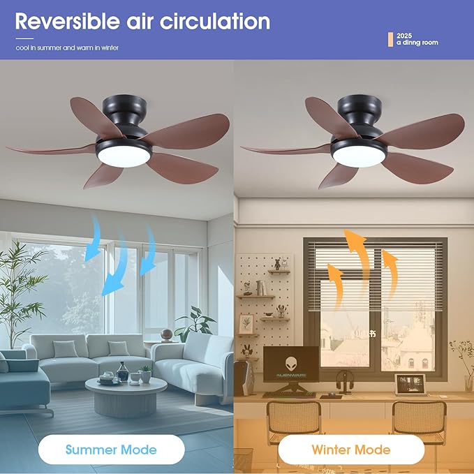 Kviflon 36 Inch Modern Ceiling Fans with Lights, Small Flush Mount Ceiling Fan with Light and Remote/APP Control, 5 Reversible 6 Speeds Curved Blades, 3 CCT Dimmable Lights for Kids Room, Brown