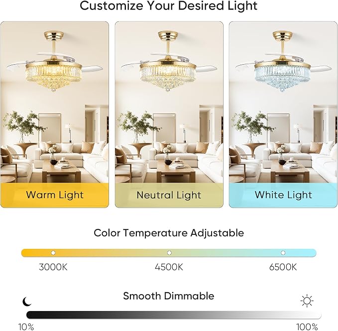 FIDGRA 52 Inch Fandelier Ceiling Fan with Light, Retractable Chandelier Fan, 3 Color Temperature, 6 Wind Speed, Crystal Ceiling Fan for Bedroom Living Room Dining Room-Gold