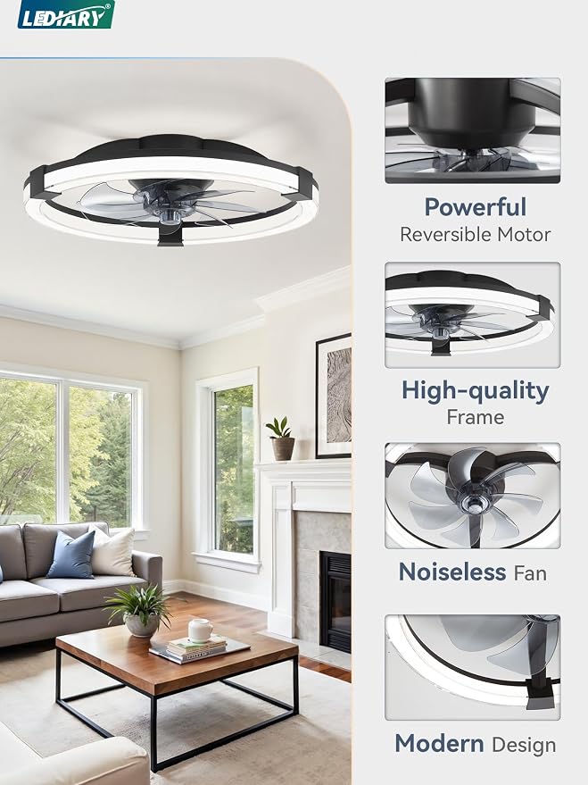 LEDIARY Ceiling Fans with Lights, 20 Inch Low Profile Ceiling Fan with Remote, 6 Speeds, Reversible, Dimmable Flush Mount Fan Light, Modern Fandelier Ceiling Fan with Lights for Bedroom, Black