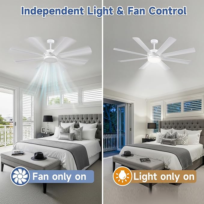65 Inch Ceiling Fans with Lights, Ceiling Fans with Lights and Remote, Dimmable, Indoor/Outdoor White Modern Ceiling Fan for Kitchen Living Room Patio, Shop Industrial, Dual Finish 8 Blades