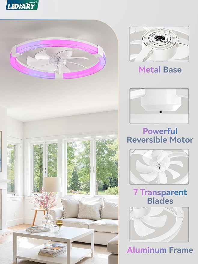 LEDIARY Ceiling Fan with Light,20inch Low Profile Fandelier with Remote RGB | RGB,6 Speeds, Reversible DC Motor, Dimmable Flush Mount Fan Light, Modern fans for Bedroom