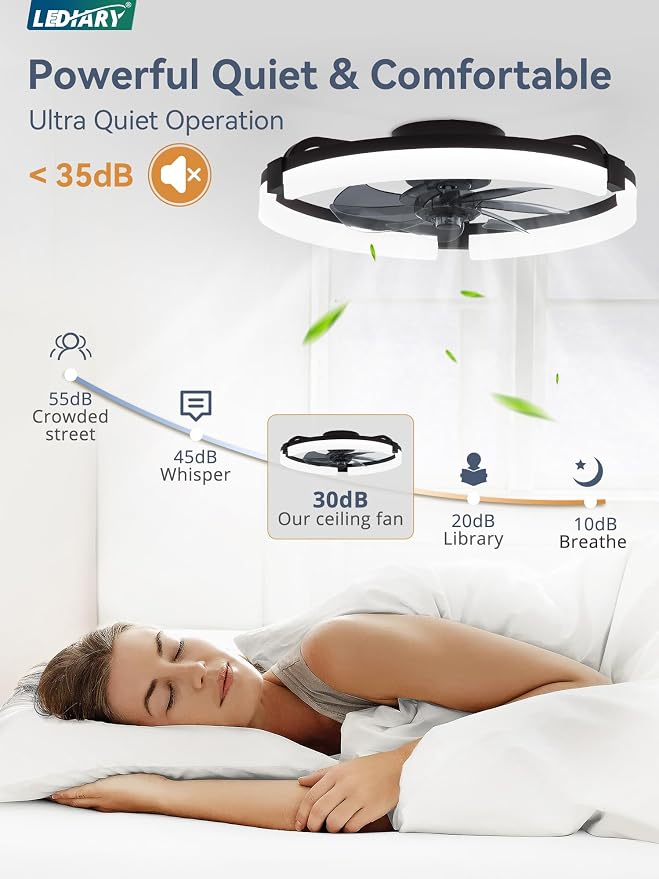 LEDIARY 2 Pack 20" Ceiling Fans with Lights and Remote, Low Profile Ceiling Fan, 3 CCT, Stepless Dimmable, Fandelier Flush Mount Fan Light, 6 Speeds, DC Motor, App & Remote Control for Bedroom(Black)