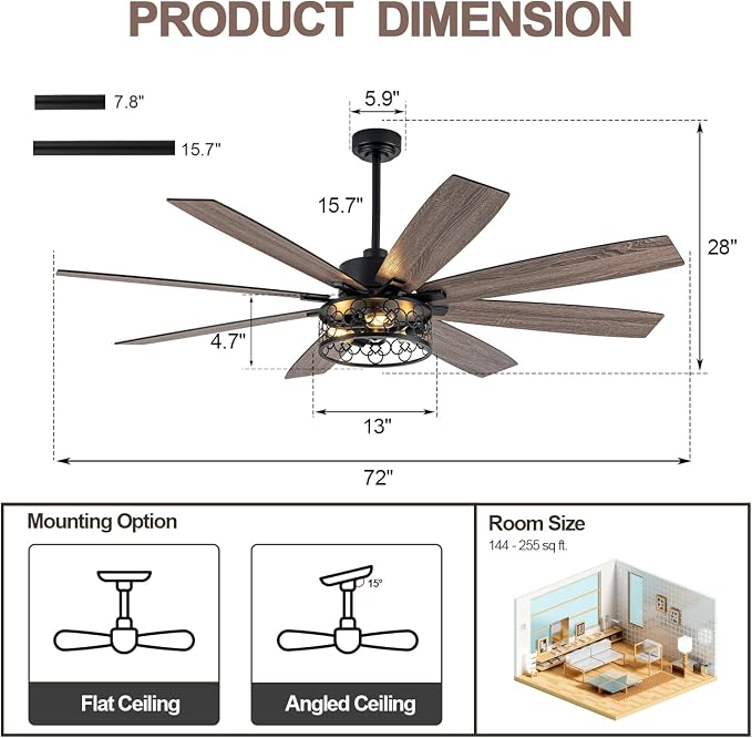 72 Inch Ceiling Fan with Light Farmhouse Ceiling Fan Rustic Caged Chandelier Fan for Living Room Bedroom Patio