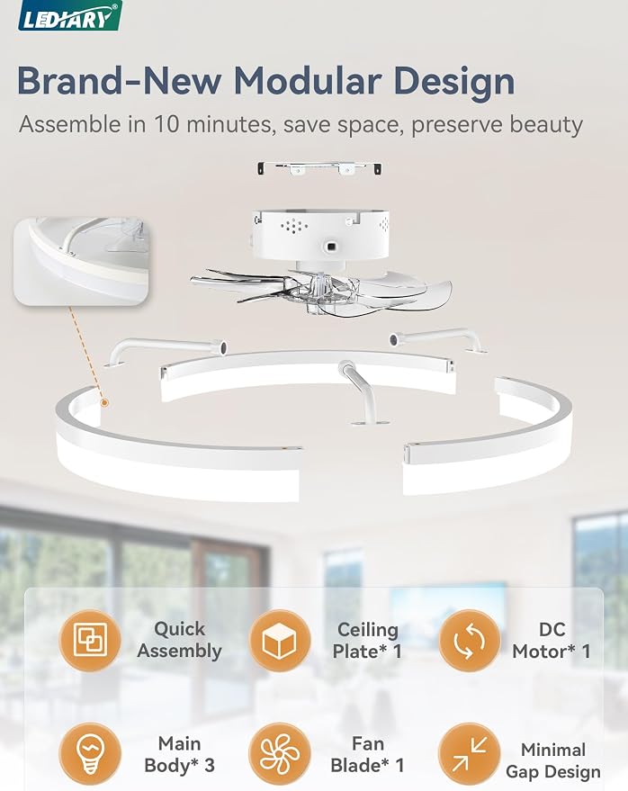 LEDIARY Ceiling Fans with Lights, 20 inch Low Profile Flush Mount Ceiling Fan, Dimmable LED, APP & Remote Control, Quiet Reversible DC Motor, 6 Speeds, Fandelier for Bedroom, White