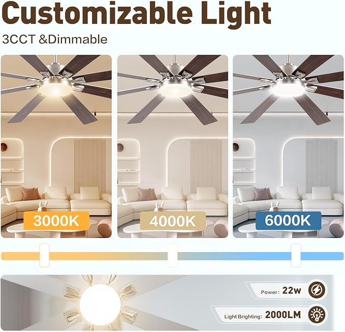 Minislak 72Inch Large Brushed Nickel Ceiling Fans with Light and Remote Control,8 Wooden Blades,6-Speeed,3CCT,Quiet Reversible DC Motor,Indoor Outdoor Ceiling Fan for Patio/Living Room/Garden