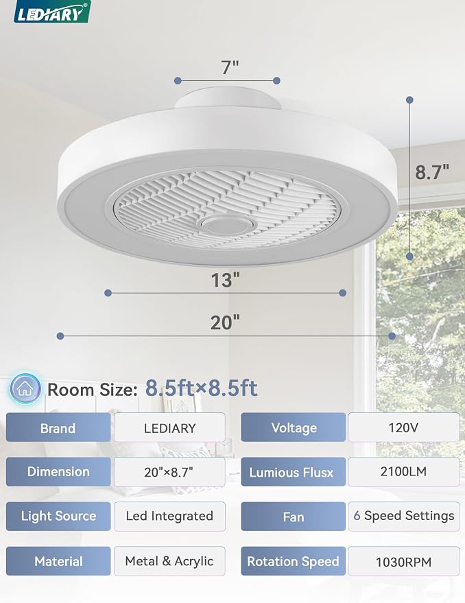 LEDIARY 20 Inch Low Profile Ceiling Fans with Lights, Led Bladeless Ceiling Fan, Remote Control Enclosed Flush Mount Ceiling Fan With Timming, 3000-6000K, 6 Wind Speed, 3000LM, 57W-White RGB