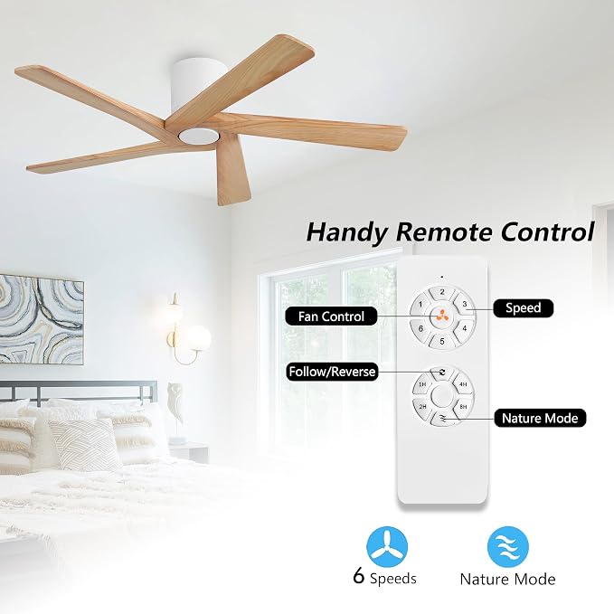 WINGBO 54 Inch Flush Mount DC Ceiling Fans without Lights, 5 Carved Solid Wood Blades, 6-Speed Reversible DC Motor, Low Profile Hugger Ceiling Fan No Lights for Indoor and Outdoor, White and Oak
