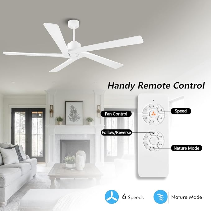 WINGBO 64" DC Ceiling Fan No Lights, 5 Carved Solid Wood Blades, 6-Speed Reversible DC Motor, White Finish Ceiling Fan without Lights, White