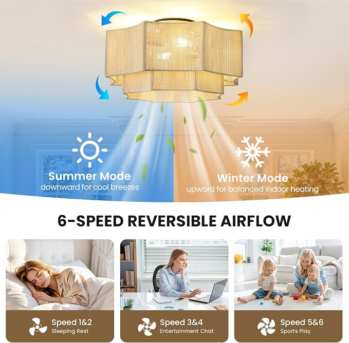 RUIYEY Boho Ceiling Fans with Lights: 20 inch Beige 2-Tier Modern Flush Mount Ceiling Fan with Remote, 7 Blades Reversible 6 Speeds E26 4 Light Low Profile Caged Fandelier for Bedroom Kitchen Island