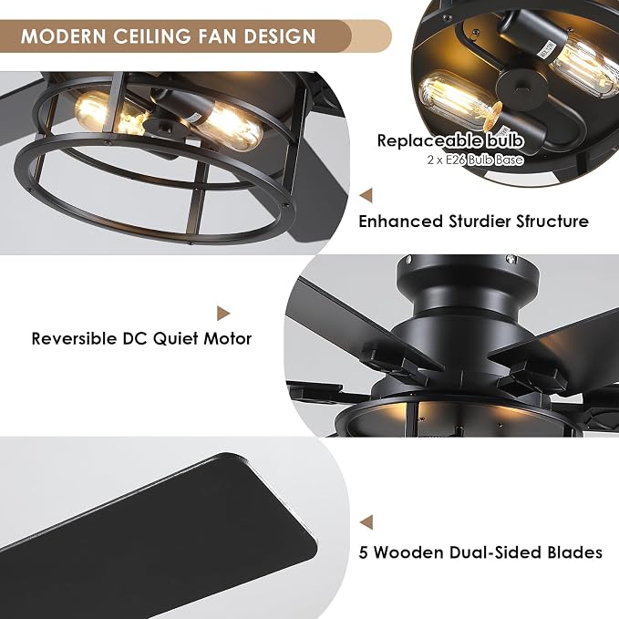 Hounberi 52" Caged Ceiling Fan with Lights and Remote, 6-Speed Quiet DC Motor & E26 Base, 6 Reversible Blades for Black & Wood, Modern Rustic Low Profile Ceiling Fans for Bedroom & Living Room