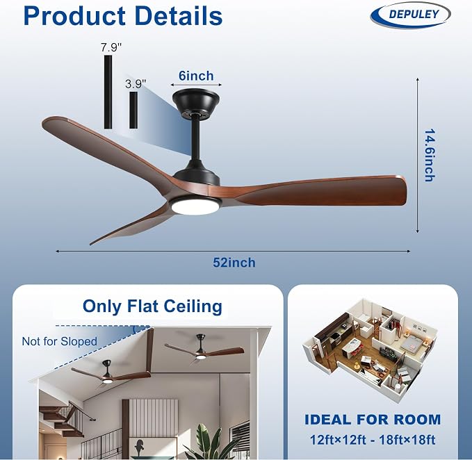 Depuley 52-Inch Ceiling Fan with Light: Walnut 3 Blade Outdoor Fans for Patios - Dimmable Indoor Fan with Remote Control Fandelier Ceiling Fans Ultra Quiet DC Motor Reversible 6 Speed Timer