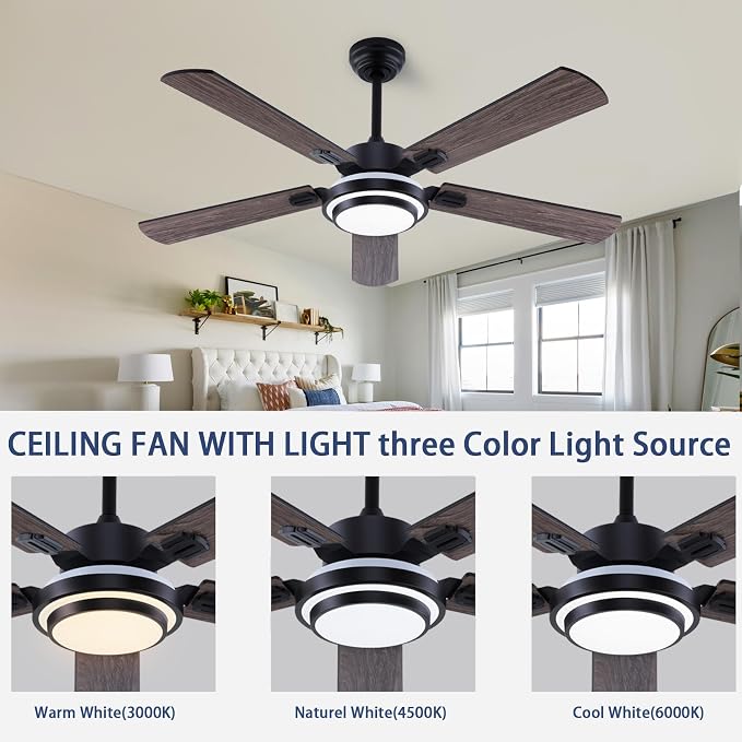 QUTWOB 52" Brushed Nickel Ceiling Fans,Farmhouse 5 Blades Ceiling Fans with Lights, Indoor/Outdoor Ceiling Fan with Remote Control for Patio, Bedroom,Living Room,Dining Room,etc. (Black)