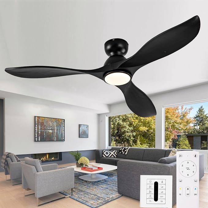 52 Inch Flush Mount Ceiling Fans with Lights and Remote,Black Low Profile Ceiling Fan with Light,3 Blade,Dimmable,Quiet Noiseless DC Motor for Patios,Living Room,Bedroom(Wall Control Switch)