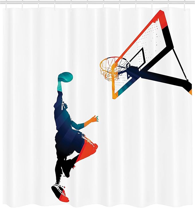 Ambesonne Sports Shower Curtain, High Contrast Silhouette Artwork of an Athlete Slam Dunking Basketball, Cloth Fabric Bathroom Decor Set with Hooks, 69" W x 70" L, Turquoise Orange