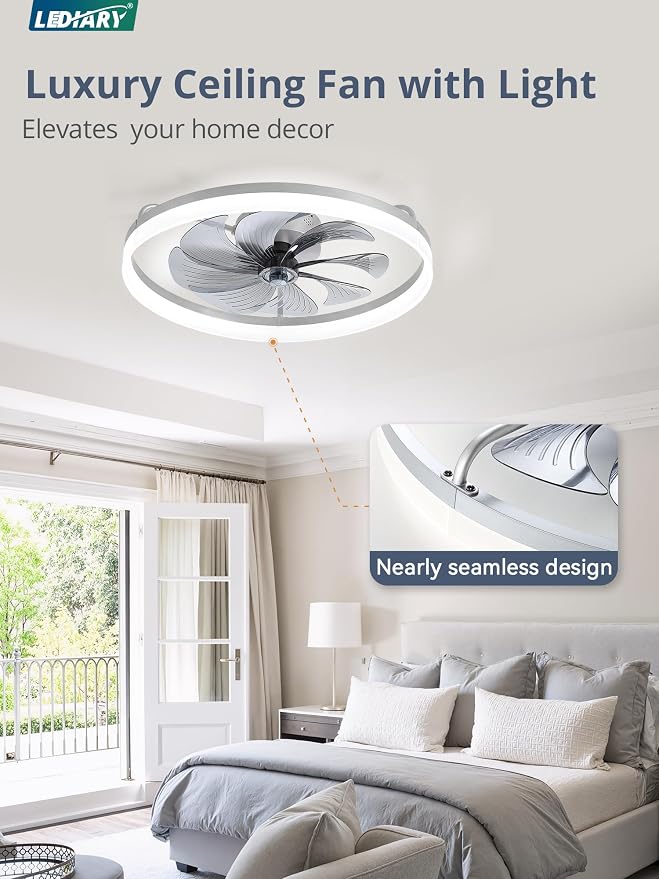 LEDIARY Ceiling Fans with Lights, 23 inch Low Profile Flush Mount Ceiling Fan, Dimmable LED, APP & Remote Control, Quiet Reversible DC Motor, 6 Speeds, Fandelier for Bedroom, Grey