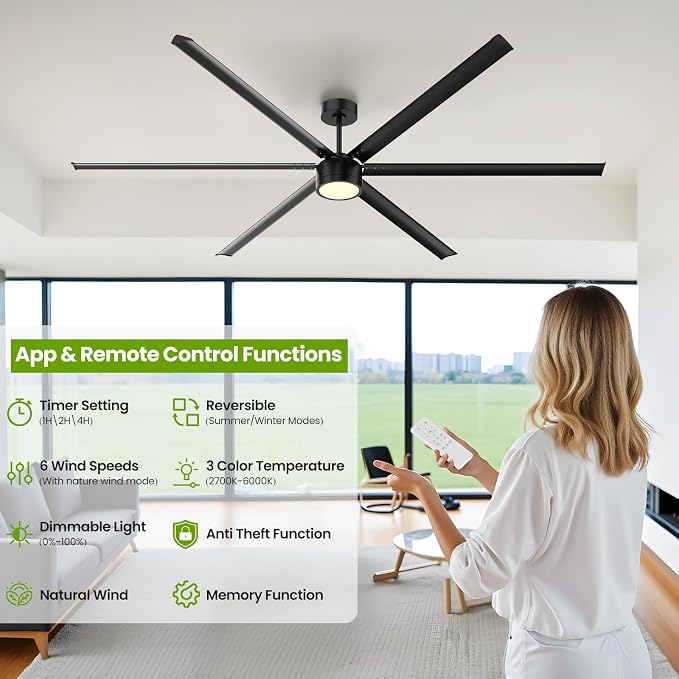 96 Inch Industrial Ceiling Fan with Light,Large Ceiling Fan with Remote and APP,6 Reverisble Aluminum Blades,6-Speed,Indoor,Outdoor Ceiling Fans for Patios/Shop/Garage/Commercial Black