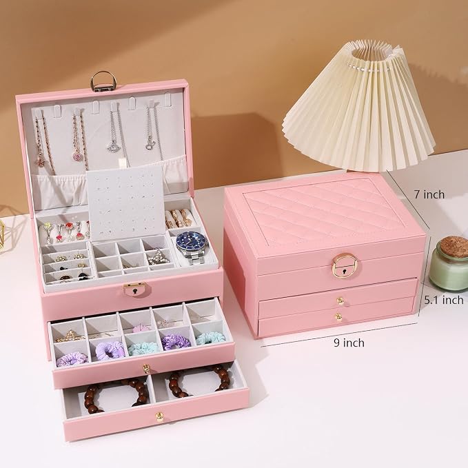 GUOER Jewelry Box for Women Girls, 3 Layers Large Jewelry Organizer (Pink) | Vintage Quilting Stitching PU Leather, Earrings Bracelets Rings Necklace Watches Storage Large Jewellery Holder Case Gifts