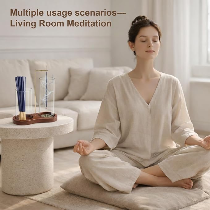 2-in-1 Incense Holder with Glass Ash Catcher & Stick Storage, Wooden Incense Burner for Relaxation, Stress Relief, Mess-Free Home Use, Self-Care, Meditation, Yoga, Bedroom & Living Room (Retro)