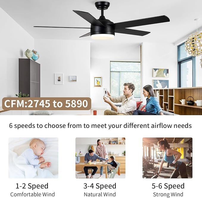 YUHAO 52 Inch Black Ceiling Fan with Light and Remote Control.Noiseless,Dimmable,3CCT,6 Speeds Reversible, DC Ceiling Fans for Indoor or Covered Outdoor Use.ETL Listed