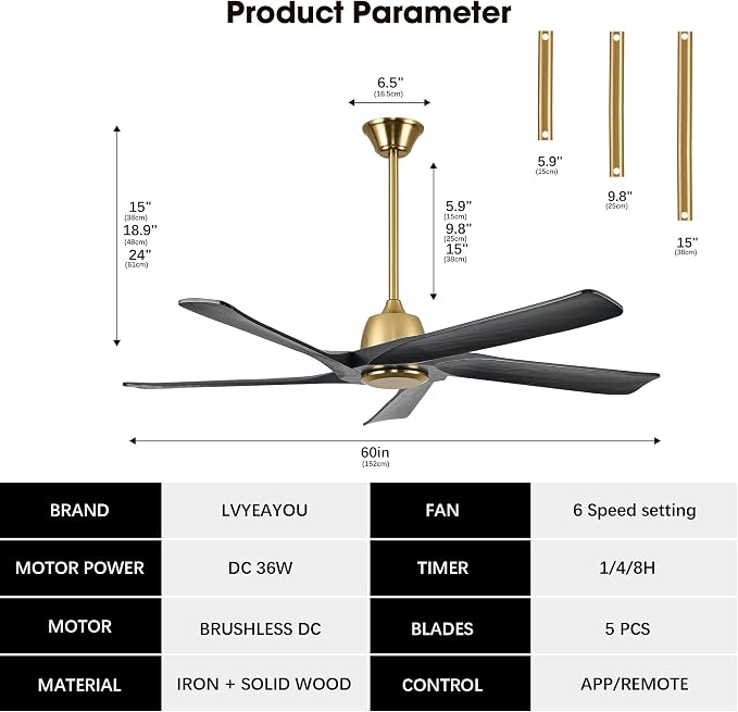 60" Black and Gold Ceiling Fan No Lights, Remote and APP Control, 6-speed Reversible, Quiet DC Motor, Wood Ceiling Fans for Bedroom, Living Room, Office, Outdoor Patio