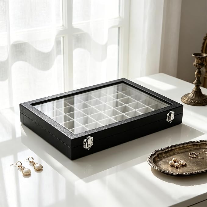 Stratalife 48 Grid Earring Organizer, Jewelry Holder Organizer with Lid | PU Leather Storage Box for Earring, Ring, Studs and Trinkets, Soft Velvet Drawer Organizer for Women, Dustproof, Gray Black