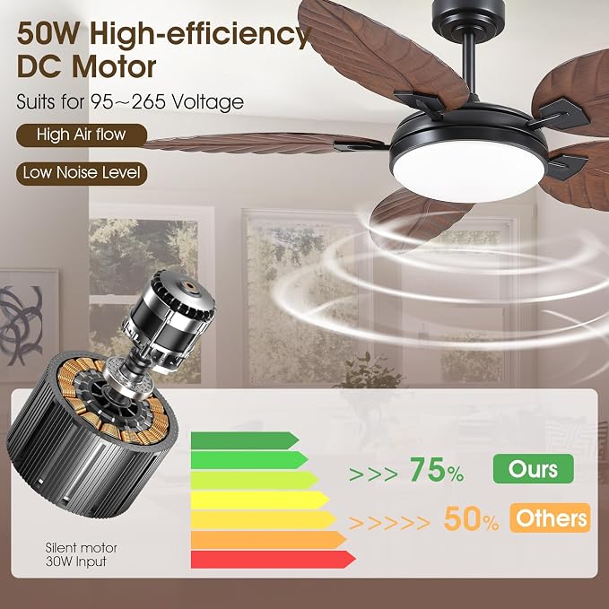 52"Brown Tropical Outdoor Palm Leaf Ceiling Fans with Lights and Remote | Supports Remote and APP, 6 Wind Speeds, Reversible, Dimmable 3CCT LED, 50W Quiet DC Motor,Suits for Living Room Bedroom Patio