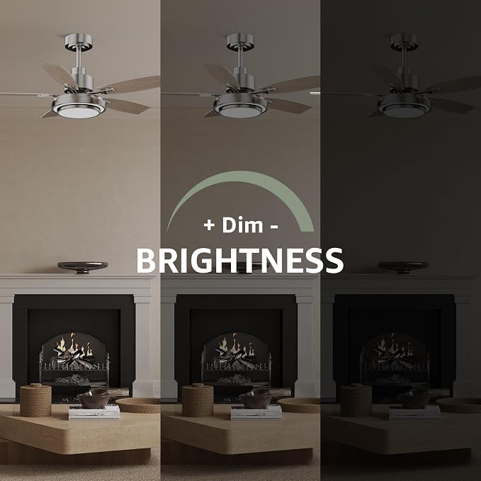 Ceiling Fans with Lights and Remote Control, 42 Inch Flush Mount Ceiling Fan with Quiet Reversible DC Motor, Dimmable LED Lighting, 6 Speeds, Timer, Nickel Ceiling Fan for Bedroom Living Room