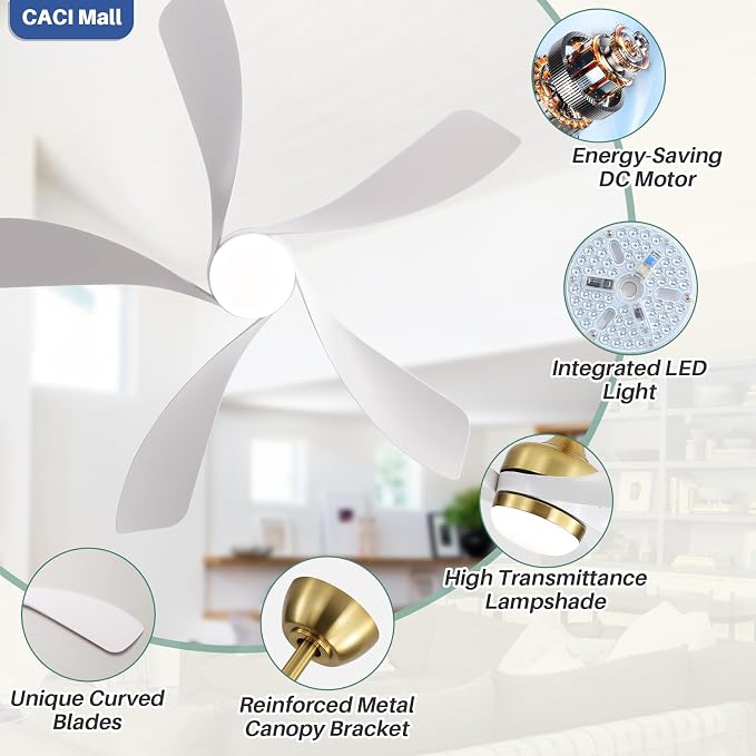 CACI Mall 52 Inch Ceiling Fans with Lights and Remote, modern, Outdoor ceiling fan with 6-Speed, 5 Blades, 2 Downrods, 3 CCT, Timer, Quiet Reversible DC Motor for Living Room, Bedroom, Patios