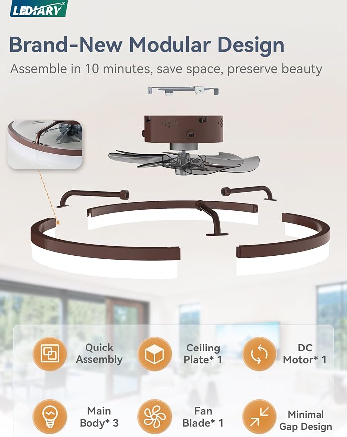 LEDIARY Ceiling Fans with Lights, 20 inch Low Profile Flush Mount Ceiling Fan, Dimmable LED, APP & Remote Control, Quiet Reversible DC Motor, 6 Speeds, Fandelier for Bedroom, Brown