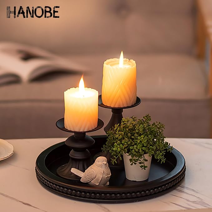 Hanobe Black Decorative Tray for Coffee Table, Round, Beaded Edge | 11.8-inch wood tray for living room, kitchen counter, or entryway table decor, holds candles, plants