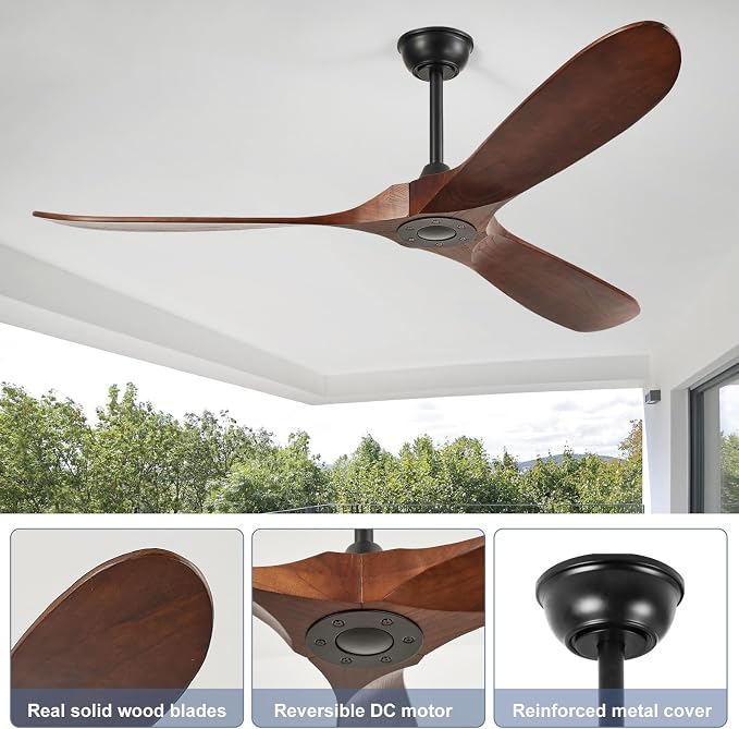 60'' Outdoor Ceiling Fans without Light,3 Solid Wood Blades with DC Silent and Large Airflow,Modern Ceiling Fan for Bedroom,Living Room,Porch (dark walnut)