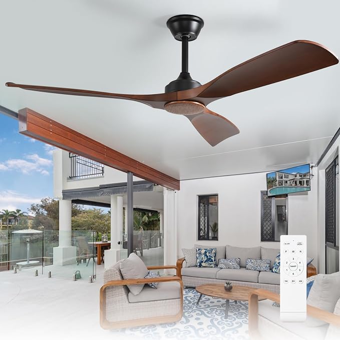 Depuley Ceiling Fan Without Light: 52 Inch 3 Blade Outdoor Fans for Patios - Walnut Ceiling Fan No Light Indoor Remote Control Ultra Quiet DC Motor Reversible 6 Speed Timer