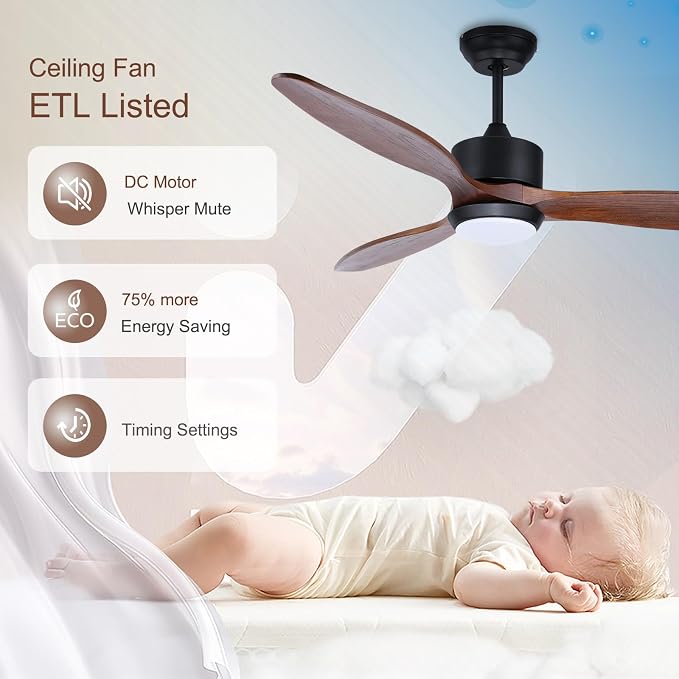 Ovlaim 52 Inch Wood Ceiling Fan with Light, Quiet DC Motor, Smart 6-Speed | 35dB Quiet, Solid Wood Blades, 3-Color Dimmable LED with Memory Function, App & Voice, Reversible Motor, Bedroom Living Room