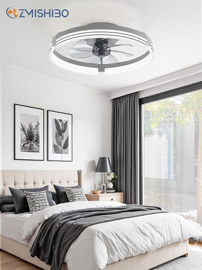 ZMISHIBO Low Profile Ceiling Fans with Lights and Remote, 20 Inch Flush Mount Ceiling Fan with Light, 3000K-6000K Dimmable Fandelier LED Fan Light, 6 Wind Speeds Grey Ceiling Fans for Bedroom