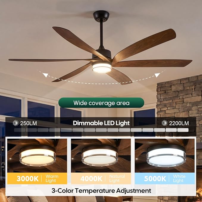 64 inch Smart Outdoor Ceiling Fan with Light for Patio, 6 Blades 8282 CFM Large Airflow, Alexa/APP/Remote Control, ETL Listed Quiet Reversible DC Motor, for Indoor Covered Gazebo Farmhouse, Brown