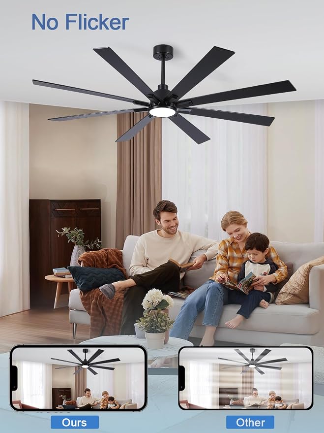 72 Inch Ceiling Fans with Lights and Remote, Pure Copper DC Motor Black Large Indoor/Outdoor Modern Industrial Ceiling Fan, Quiet, 6 Speed, 3CCT, for Patios Living Room Farmhouse Garage