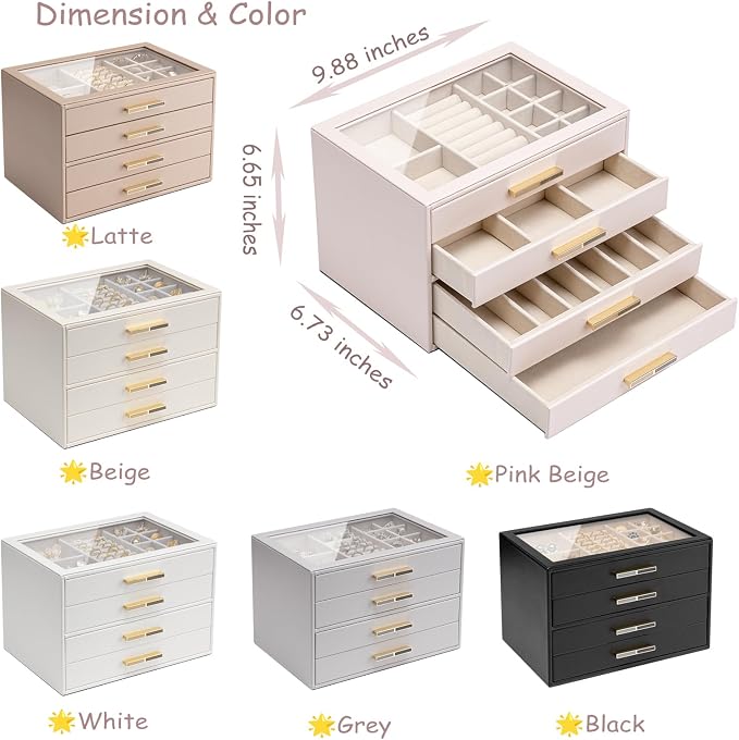 VLANDO 4-Drawer Jewelry Box with Glass Lid, Faux Leather Organizer for Rings Earrings Necklaces and More, Gift-Ready Jewelry Case for Women Girls or Moms, Latte