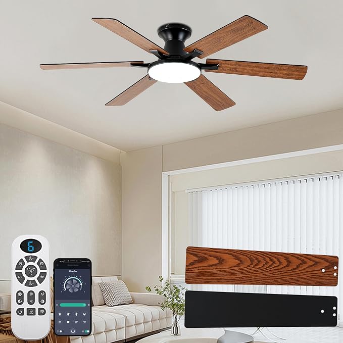 Ceiling Fans with Lights,54 Inch Low Profile Ceiling Fan with Light and Remote Control,6 Speeds/6 Blade,Flush Mount,LED Dimmable DC Reversible Modern, Brown Ceiling Fan for Bedroom/Living Room
