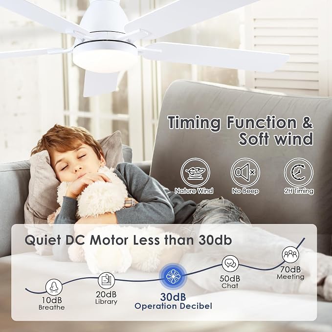 52 Inch Ceiling Fans with Lights and Remote, Flush Mount, White | Low Profile, Dimmable LED, Reversible, Quiet DC Motor, Wooden Blades, for Modern Apartment Bedroom Home Office Living Room