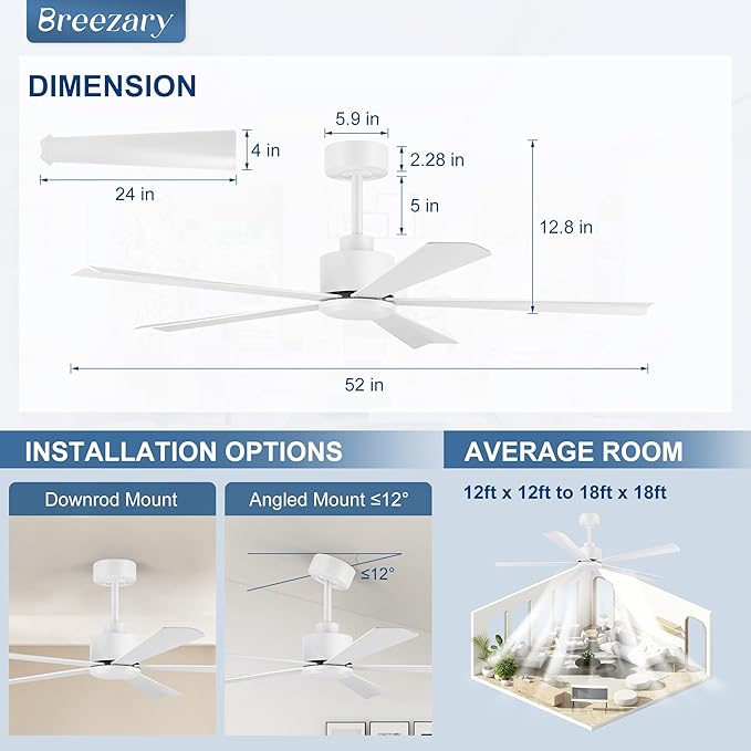 52 Inch 5 Blade Ceiling Fans without Light and Remote Control, Quiet Reversible DC Motor, 6-Speed, Modern Industrial Ceiling Fan for Home Kitchen Bedroom (White)