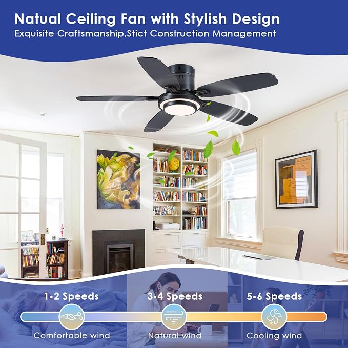 Hounberi 50 Inch Black Ceiling Fans with Lights and Remote, Modern Flush Mount Low Profile Ceiling Fan, 3CCT, Dimmable, Quiet DC Reversible Motor, for Bedroom Living Room Indoor/Outdoor Use