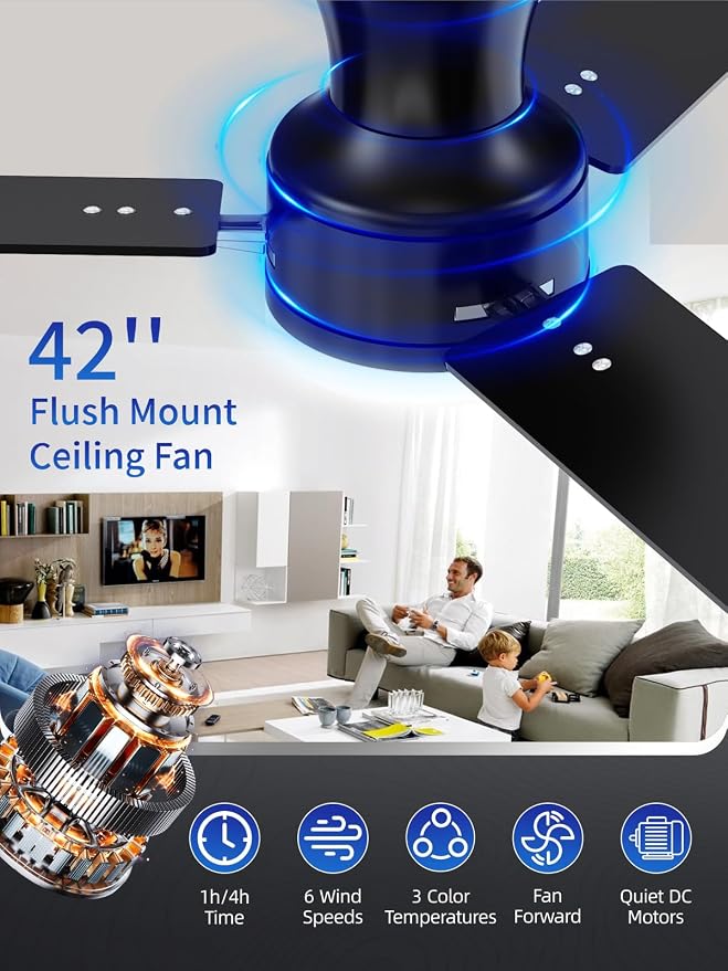 LANMEL 42 Inch Flush Mount Ceiling Fan with Light, App&Remote Control, Low Profile Modern Ceiling Fan, 6 Speed, Reversible, 3000k-6500k Dimmable LED, Quiet DC Motor for Indoor Outdoor,Black Silver